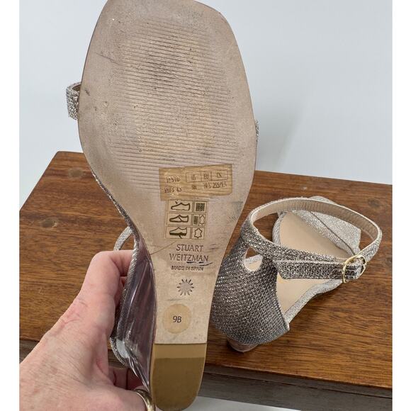 STUART WEITZMAN Nudistlucite Wedge Sandal NEW $350 Ankle Strap Silver Size 9B - Picture 3 of 10
